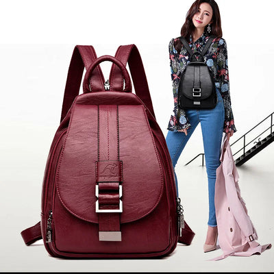 Women’s anti-theft genuine leather backpack in red, high-quality sheepskin school and travel bag