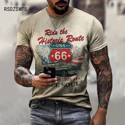 Man wearing Route 66 vintage T-shirt with retro USA graphic design 🚗🛣️