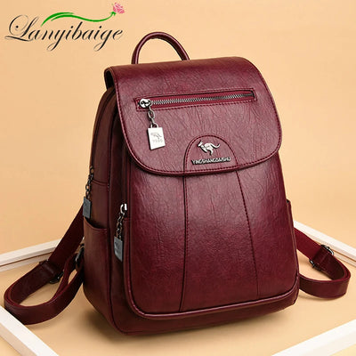 Vintage women’s soft leather backpack – stylish travel & school bag with multiple compartments