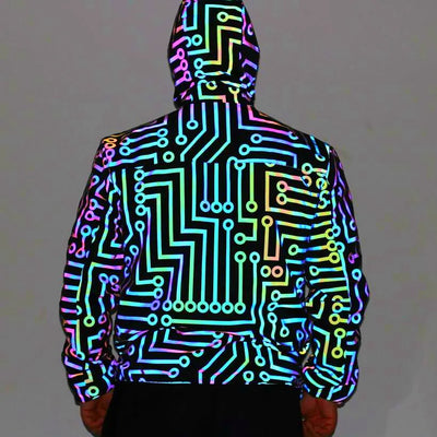 Men’s reflective jacket with colorful circuit pattern and hood – glow-in-the-dark hip hop style ⚡🌈
