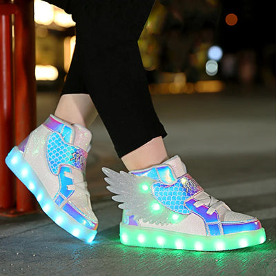 Kids’ LED light-up sneakers with glowing soles and silver wing details, unisex high-top shoes for boys and girls