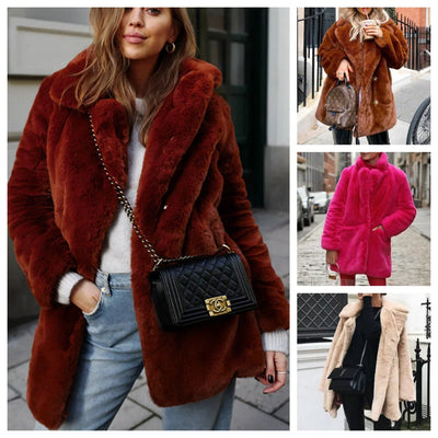 Women’s mid-long faux fur coat – plush lapel winter jacket in brown, pink, and beige colors
