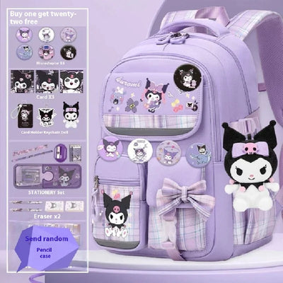 Kuromi anime school backpack with plaid bow, large capacity, and spine protection straps for girls