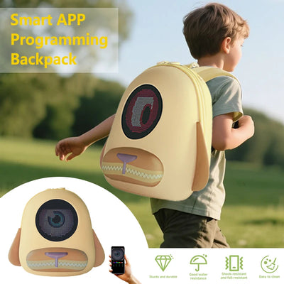 Smart LED kids dog backpack with APP-programmable glowing eyes, waterproof PU, and cute golden retriever design