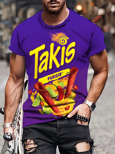 Man wearing vibrant purple Takis Fuego 3D graphic T-shirt with bold chili design 🌶️👕