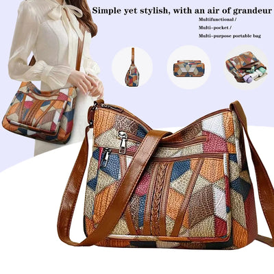 Vintage geometric PU leather women’s shoulder bag with patchwork design and multiple zipper compartments