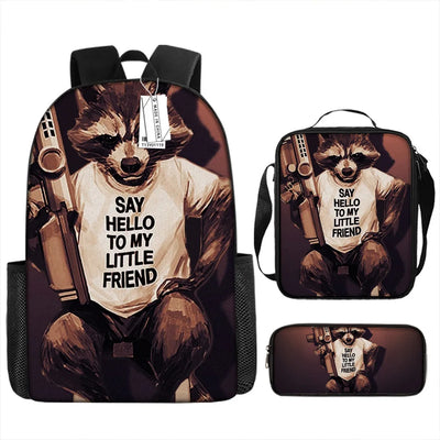 Rocket Raccoon 3-piece backpack set with school bag, lunch bag, and pencil case featuring "Say Hello to My Little Friend" design