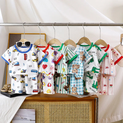 Baby summer cotton clothing sets with cartoon T-shirts and shorts for boys and girls