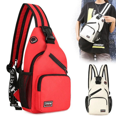 Unisex KISMIS crossbody chest backpack with headphone hole in red and white color options