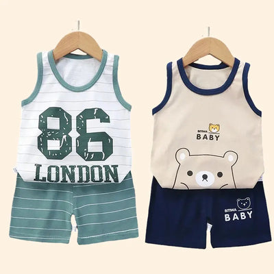 Kids cotton summer vest and shorts set with bear print and sporty London design – sleeveless 2PCS outfit