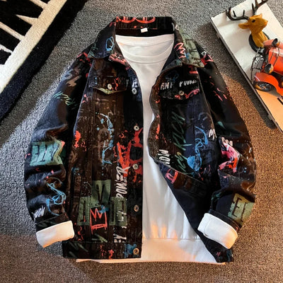 Men's graffiti print denim jacket with letter design and punk streetwear style 🎨🖤