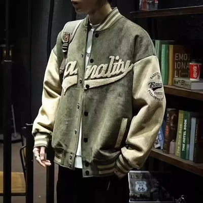 Men’s oversized vintage varsity jacket with letter embroidery and leather lining 🧥🖤