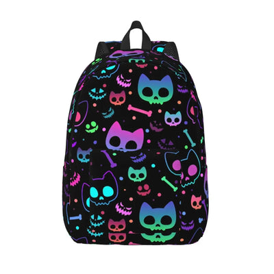 Black psychedelic backpack with colorful neon cat and skull print, worn by a couple outdoors
