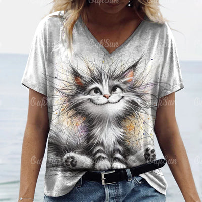 Women’s oversized T-shirt with 3D fluffy cartoon cat print and V-neck design