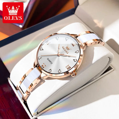 OLEVS women’s luxury ceramic strap watch with white dial, rose gold case, and waterproof quartz movement