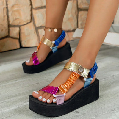 Women’s colorful platform sandals with multicolor metallic straps and black wedge sole, summer casual beach shoes