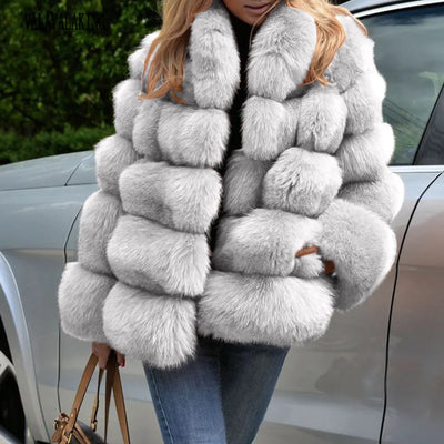 Women’s 2025 light gray plus size faux fur coat – plush loose warm winter jacket