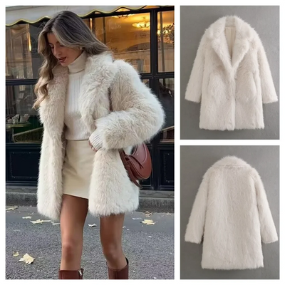 Women’s elegant white faux fur coat with long sleeves, loose fit, and versatile winter design