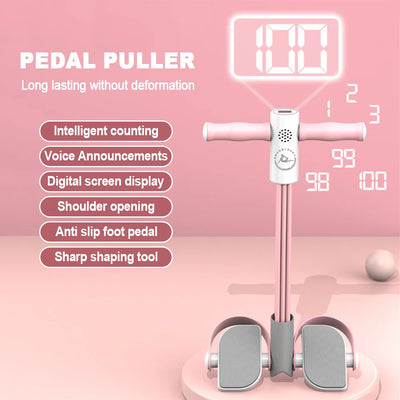 Smart pedal puller resistance bands with digital counter, anti-slip pedals, and adjustable tubes for abs, waist, and arm workouts