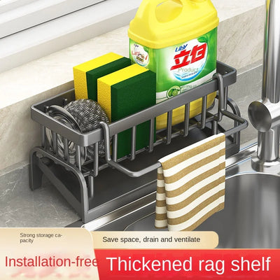 Kitchen sink storage rack for sponges, cloths, and detergent with drainage and no-install design