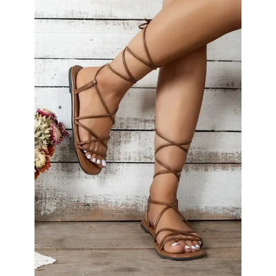 Women’s 2025 summer lace-up Roman flat sandals – open-toe, non-slip casual shoes