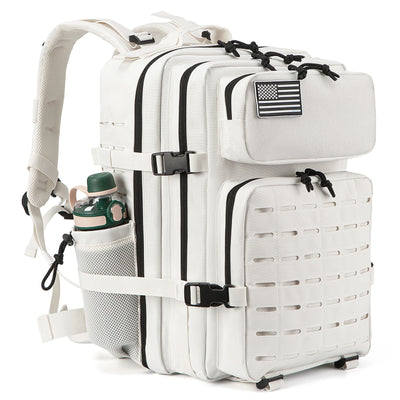 White 25L/45L tactical backpack with MOLLE webbing and bottle holder for outdoor hiking and travel