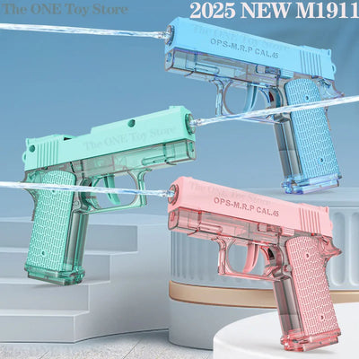 M1911 pistol-style water gun toy in aqua color for kids summer pool and beach outdoor games