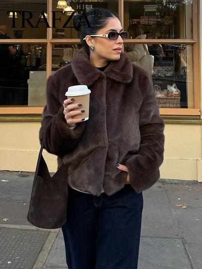 TRAFZA women’s brown faux fur cropped jacket – soft plush winter coat with long sleeves