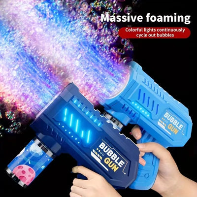Blue automatic rocket bubble gun toy with LED lights and 10-hole bubble machine for kids outdoor play