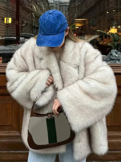 Women’s oversized gradient faux fox fur coat – thick warm winter jacket with plush fluffy texture