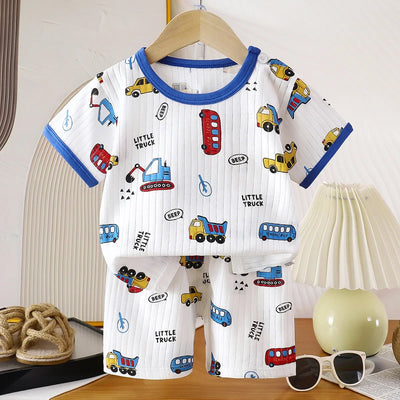 Kids summer cotton outfit set with cartoon trucks and buses print – short sleeve T-shirt and shorts for toddlers and babies
