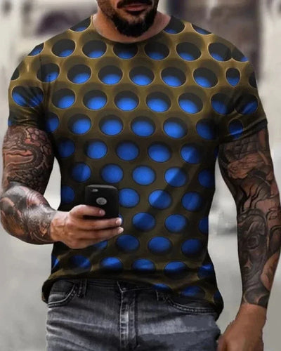 Man wearing 3D optical illusion graphic T-shirt with blue dot pattern