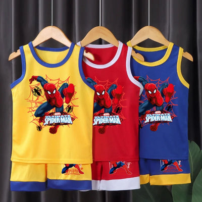 Marvel Spider-Man boys summer vest and shorts set in red, yellow, and blue – kids breathable 2PCS outfit