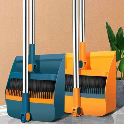 Orange household broom and dustpan combo set with foldable design and soft bristles for dust and hair cleaning