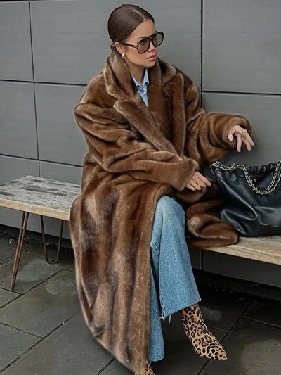 Vintage brown long faux fur coat for women – elegant full-length winter jacket with wide lapel collar