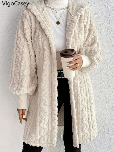 VigoCasey women’s hooded plush long white coat, thick soft winter cardigan jacket with loose fit
