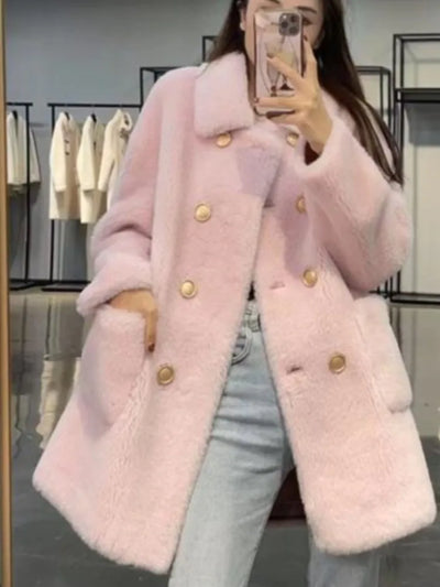 Women’s pastel pink genuine lamb fur coat with double-breasted gold buttons – winter 2025 luxury shearling overcoat