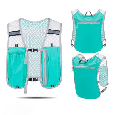 Lightweight teal running and cycling vest backpack with breathable mesh and adjustable straps