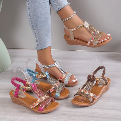 Women’s bohemian rhinestone wedge sandals – colorful summer peep toe platform shoes