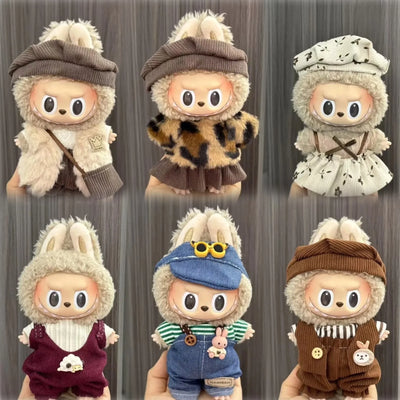 17cm Labubu doll wearing trendy brown outfit and hat collectible toy gift for kids
