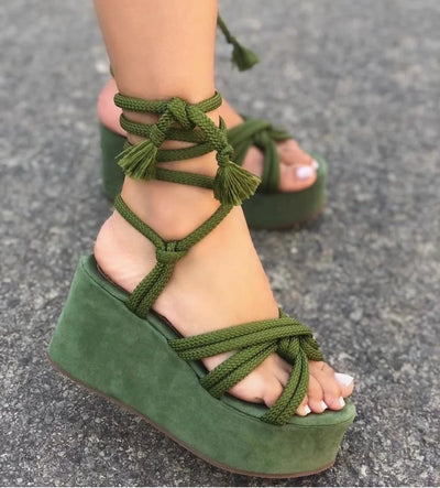 Women’s green platform wedge sandals – strappy cross-tie open toe summer shoes