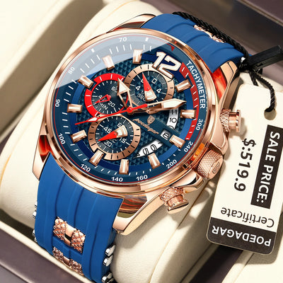POEDAGAR luxury men’s chronograph watch with blue silicone strap, waterproof design, and luminous hands