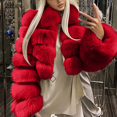 Women’s 2025 winter red faux fur cropped coat – plus size plush jacket