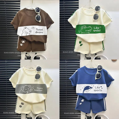 Kids summer cartoon short sleeve set with animal print top and shorts for boys and girls