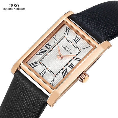 IBSO women’s ultra-thin rectangle watch with rose gold case, Roman numeral dial, and black leather strap