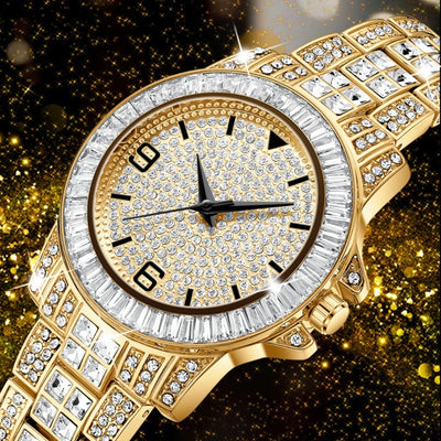 Luxury women’s gold diamond-encrusted quartz watch with waterproof design and crystal strap