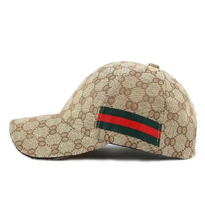 Beige unisex embroidered baseball cap with red and green stripe detail 🧢