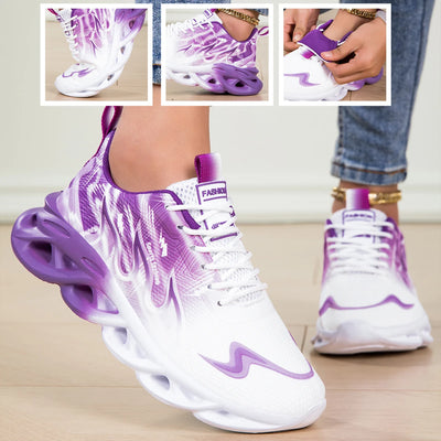 Purple and white lightweight YRZL sneakers with breathable mesh upper and flame design for running, walking, and casual wear