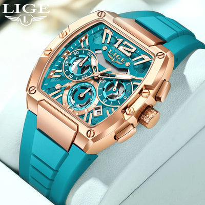 LIGE luxury men’s sports watch with rose gold case, turquoise blue dial, silicone strap, chronograph, and waterproof quartz movement