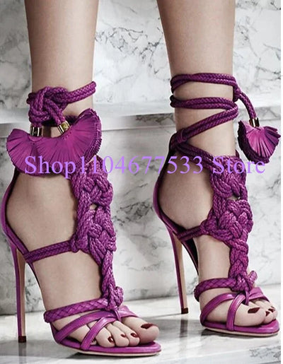 Women’s purple knot fringe lace-up high heel sandals with braided straps and tassel details